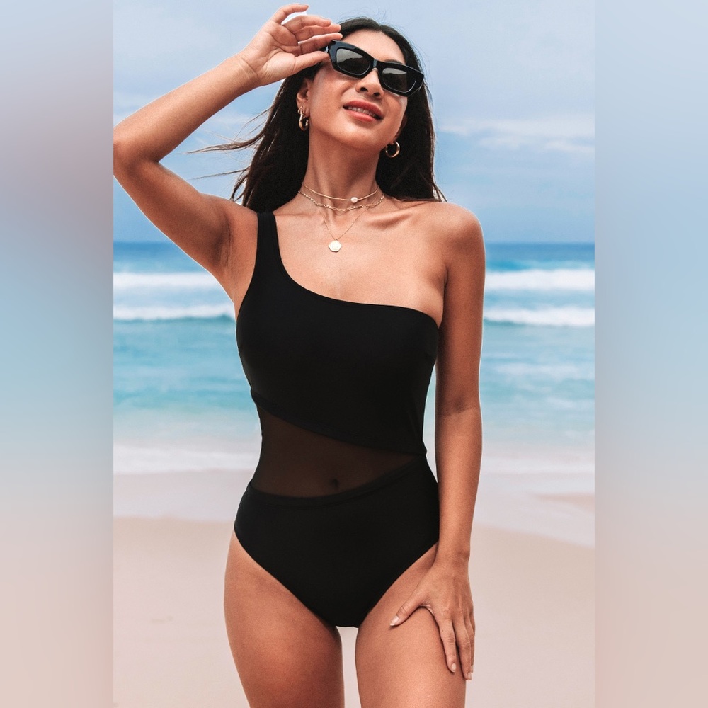 Cupshe | Forest Adventure Solid Mesh One Shoulder Black One Piece Swimsuit Sz M